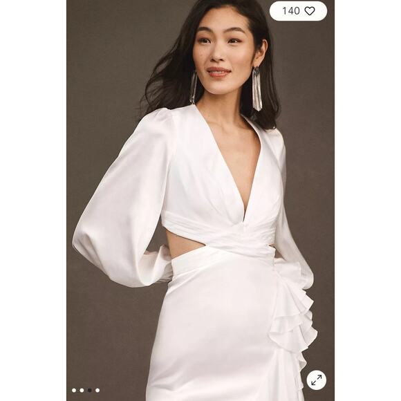 Mac Duggal Satin Ruffle High Low Gown Deep V Long Sleeve Formal Wedding 10 - Picture 16 of 16